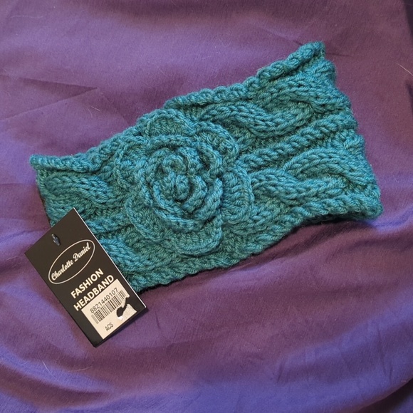 Knitted Turquoise headband with flower - Picture 1 of 2